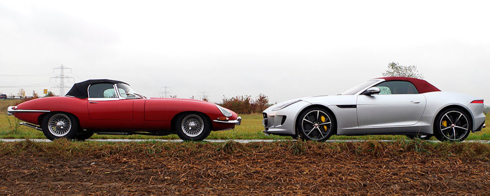 Unverwechselbares Design, ansprechende Motoren und Anziehungskraft – das hatte Jaguar früher und hat es heute. Beim Treffen der Generationen begegnen sich ein früher E-Type Roadster und ein offener F-Type. Unverwechselbares Design, ansprechende Motoren und Anziehungskraft – das hatte Jaguar früher und hat es heute. Beim Treffen der Generationen begegnen sich ein früher E-Type Roadster und ein offener F-Type.
