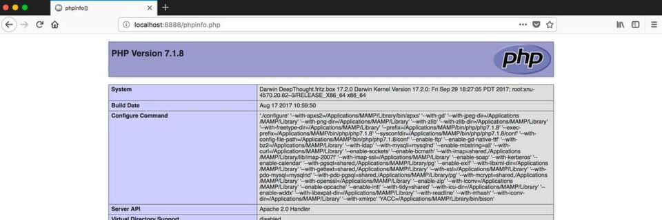 Aufgerufene PHP-Übersicht des lokalen Webservers. Aufgerufene PHP-Übersicht des lokalen Webservers.