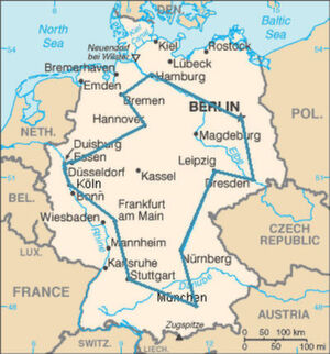 Optimaler Reiseweg eines Handlungsreisenden durch die 15 größten Städte Deutschlands. Die angegebene Route ist die kürzeste von 43.589.145.600 möglichen. Optimaler Reiseweg eines Handlungsreisenden durch die 15 größten Städte Deutschlands. Die angegebene Route ist die kürzeste von 43.589.145.600 möglichen.