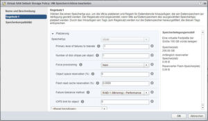 Bei der mitgelieferten Stand-vSAN-Policy ist etwa der Standard-Wert für die Anzahl der zu tolerierenden Fehler (Primary level of failueres to tolerate) =1. Bei der mitgelieferten Stand-vSAN-Policy ist etwa der Standard-Wert für die Anzahl der zu tolerierenden Fehler (Primary level of failueres to tolerate) =1.