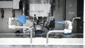 A machine gripper picks up the part from the first jig, and places it on the second jig once the machining process is complete. A machine gripper picks up the part from the first jig, and places it on the second jig once the machining process is complete.