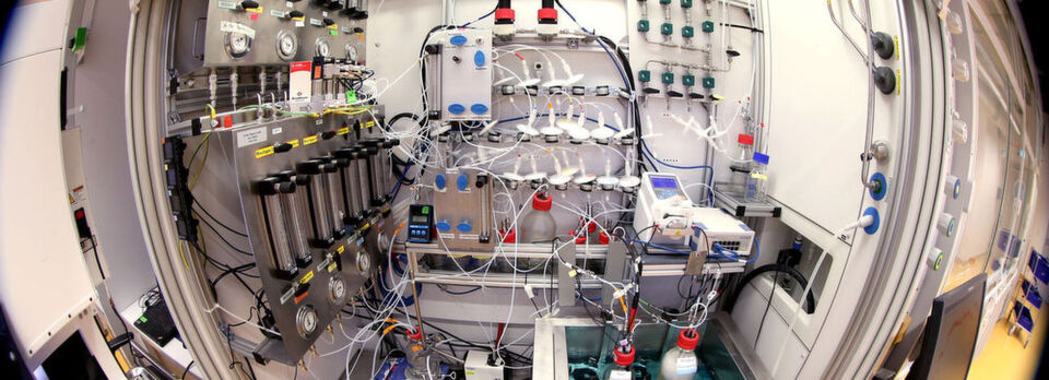 In einer Fermentation – hier im Labormaßstab – verwandeln spezielle Bakterien CO-haltige Gase durch Stoffwechselprozesse in wertvolle Chemikalien. In einer Fermentation – hier im Labormaßstab – verwandeln spezielle Bakterien CO-haltige Gase durch Stoffwechselprozesse in wertvolle Chemikalien.
