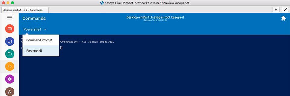 Kaseya Live Connect unterstützt native Microsoft PowerShell, damit Techniker Probleme lösen können, ohne den Endnutzer zu stören. Kaseya Live Connect unterstützt native Microsoft PowerShell, damit Techniker Probleme lösen können, ohne den Endnutzer zu stören.