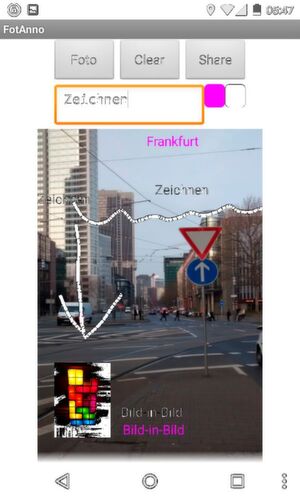 Die fertige App, hier in der Version mit Zeichnen, Bild-in-Bild, Standard-Hintergrundbild und zentriertem Layout. Die fertige App, hier in der Version mit Zeichnen, Bild-in-Bild, Standard-Hintergrundbild und zentriertem Layout.
