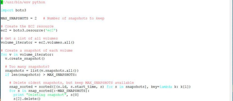 Dieses kurze Python/Boto-Programm erstellt automatisch Snapshots von EBS Volumes. Dieses kurze Python/Boto-Programm erstellt automatisch Snapshots von EBS Volumes.