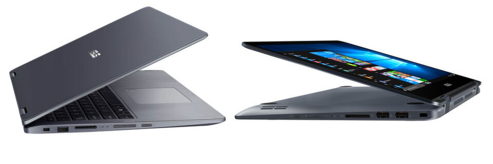 Beim Asus Vivobook 14 und dem Vivobook 15 ist das 14 oder 15,6 Zoll große Display durch 360-Grad-Scharniere mit dem Chassis verbunden. Beim Asus Vivobook 14 und dem Vivobook 15 ist das 14 oder 15,6 Zoll große Display durch 360-Grad-Scharniere mit dem Chassis verbunden.