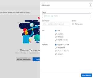 Beim Erstellen einer neuen App werden Betriebssystem und Plattform ausgewählt. Beim Erstellen einer neuen App werden Betriebssystem und Plattform ausgewählt.