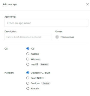 Auswählen der Plattform und des Betriebssystems für die neue App in Visual Studio App Center. Auswählen der Plattform und des Betriebssystems für die neue App in Visual Studio App Center.
