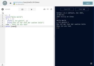 Ein Vorteil an Python ist neben der recht einfachen Syntax, dass man dank der zeilenweisen Abarbeitung sofort Ergebnisse sehen kann. Längerer Code wird in einer Datei gespeichert. Ein Vorteil an Python ist neben der recht einfachen Syntax, dass man dank der zeilenweisen Abarbeitung sofort Ergebnisse sehen kann. Längerer Code wird in einer Datei gespeichert.