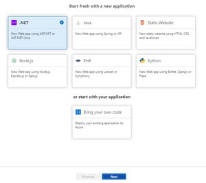 Im Azure-Portal werden neue Apps mit DevOps Projects über einen Assistenten erstellt. Im Azure-Portal werden neue Apps mit DevOps Projects über einen Assistenten erstellt.