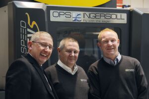 Scott Elsmere, EDM Technologies Team Manager at HK Technologies, Steve Barrowcliff and Andrew Millard in front of the OPS Ingersoll Eagle V5. Scott Elsmere, EDM Technologies Team Manager at HK Technologies, Steve Barrowcliff and Andrew Millard in front of the OPS Ingersoll Eagle V5.