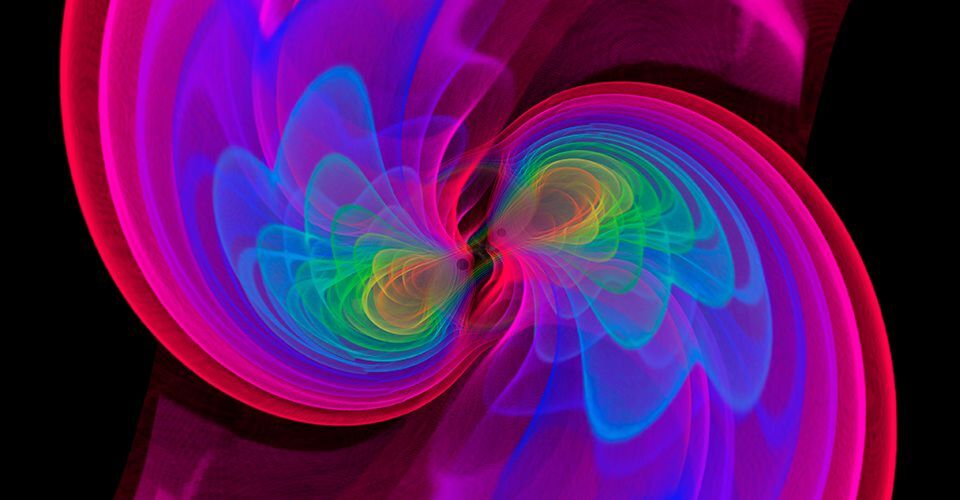 Gravitationswellen entstehen beim Verschmelzen zweier schwarzer Löcher, wie diese Simulation zeigt. Um sie messen zu können, sammeln Gravitationswellen-Observatorien enorme Datenmengen, deren Auswertung viel Rechenleistung beansprucht. Gravitationswellen entstehen beim Verschmelzen zweier schwarzer Löcher, wie diese Simulation zeigt. Um sie messen zu können, sammeln Gravitationswellen-Observatorien enorme Datenmengen, deren Auswertung viel Rechenleistung beansprucht.