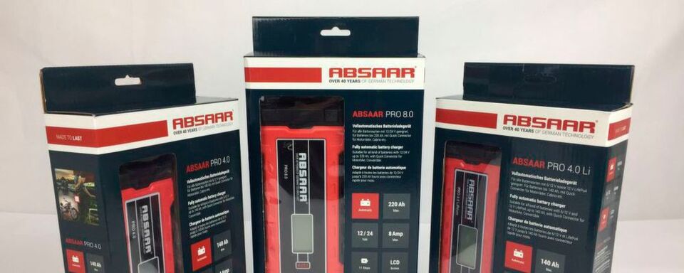 Die „smarten“ Erhaltungsladegeräte von Absaar erkennen den Batterietyp (Blei-Säure, AGM, Gel und ggf. LiFePO4) und die Batteriespannung (6/12/24V) automatisch. Die „smarten“ Erhaltungsladegeräte von Absaar erkennen den Batterietyp (Blei-Säure, AGM, Gel und ggf. LiFePO4) und die Batteriespannung (6/12/24V) automatisch.