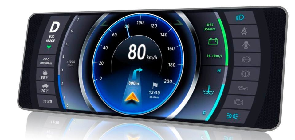 Das gebogene Demoinstrument von Kyocera stellt 3D-Inhalte dar. Die nutzbare Tiefe für den 3D-Effekt bewegt sich zwischen 10 und 40 mm. Über Eye-Tracking werden die Bewegungen des Fahrers erfasst. Das gebogene Demoinstrument von Kyocera stellt 3D-Inhalte dar. Die nutzbare Tiefe für den 3D-Effekt bewegt sich zwischen 10 und 40 mm. Über Eye-Tracking werden die Bewegungen des Fahrers erfasst.