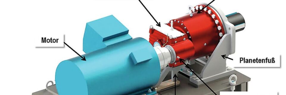 Antriebspaket in der Ausgangskonstruktion mit seinen Komponenten auf dem Fundamentrahmen sowie der charakteristische Messpunkt HSS (High-Speed-Shaft) an der Antriebswelle. Das zweistufige Industrieplanetengetriebe P092ADR180 hat eine einstufige Stirnradvorstufe. Der Motor ist eine 500-kW-Asynchronmaschine. Antriebspaket in der Ausgangskonstruktion mit seinen Komponenten auf dem Fundamentrahmen sowie der charakteristische Messpunkt HSS (High-Speed-Shaft) an der Antriebswelle. Das zweistufige Industrieplanetengetriebe P092ADR180 hat eine einstufige Stirnradvorstufe. Der Motor ist eine 500-kW-Asynchronmaschine.