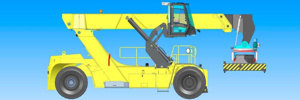 Die neue, hochfahrbare Kabine des Hyster-Reachstackers RS46 verbessert die Sicht bei Einsätzen in Häfen und auf Terminals. Die neue, hochfahrbare Kabine des Hyster-Reachstackers RS46 verbessert die Sicht bei Einsätzen in Häfen und auf Terminals.