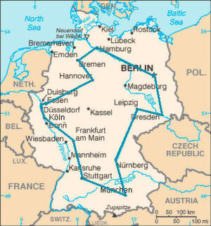 Optimaler Reiseweg eines Handlungsreisenden durch die 15 größten Städte Deutschlands. Die angegebene Route ist die kürzeste von 43.589.145.600 möglichen. Optimaler Reiseweg eines Handlungsreisenden durch die 15 größten Städte Deutschlands. Die angegebene Route ist die kürzeste von 43.589.145.600 möglichen.