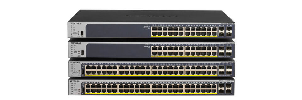 Die vier Smart Managed Pro Switches GS728TPv2, GS728TPPv2, GS752TPv2 und GS752TPP mit 24 oder 48 Gigabit-Ethernet-Ports unterstützen Power-over-Ethernet (PoE+). Die vier Smart Managed Pro Switches GS728TPv2, GS728TPPv2, GS752TPv2 und GS752TPP mit 24 oder 48 Gigabit-Ethernet-Ports unterstützen Power-over-Ethernet (PoE+).