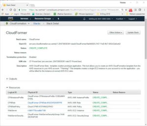 In der Stack-Übersicht sieht der AWS-Nutzer alle von CloudFormer bereitgestellten Ressourcen. In der Stack-Übersicht sieht der AWS-Nutzer alle von CloudFormer bereitgestellten Ressourcen.