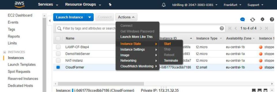 Über die Actions-Schaltfläche lässt sich der Webserver starten. Über die Actions-Schaltfläche lässt sich der Webserver starten.