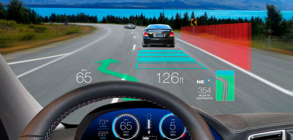 Beispiel für die Darstellung eines AR-fähigen HUD. Beispiel für die Darstellung eines AR-fähigen HUD.