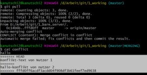Nicht automatisch lösbare Konflikte vermerkt Git direkt in der betroffenen Datei und setzt den Prompt auf „MERGING”. Nicht automatisch lösbare Konflikte vermerkt Git direkt in der betroffenen Datei und setzt den Prompt auf „MERGING”.