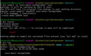Nach einem Commit verschwinden geänderte Dateien aus der Status-Anzeige – nicht hinzugefügte bleiben (in Rot) bestehen. Nach einem Commit verschwinden geänderte Dateien aus der Status-Anzeige – nicht hinzugefügte bleiben (in Rot) bestehen.