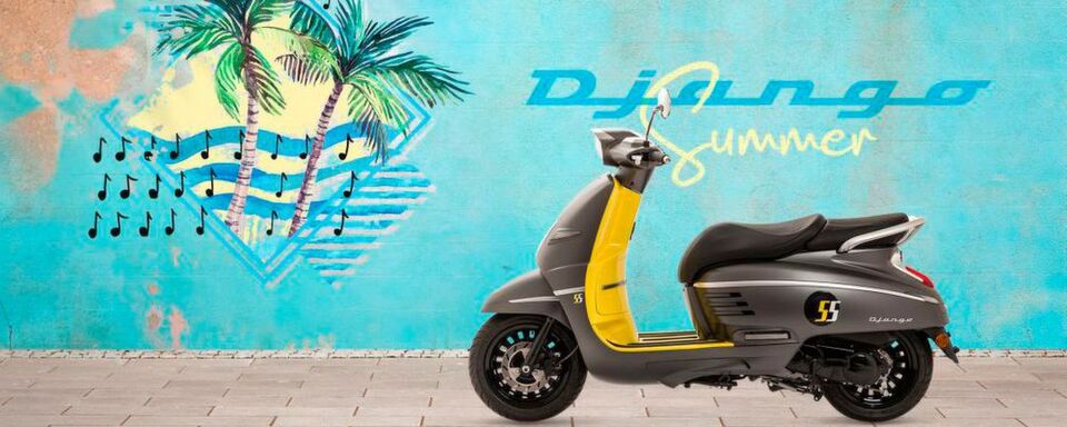 Das Design des „Django Summer“ soll eine Kombination aus Einzelgänger und Neo-Retro sein und ist an den legendären Peugeot S55, den ersten Roller der Löwen-Marke, angelehnt. Das Design des „Django Summer“ soll eine Kombination aus Einzelgänger und Neo-Retro sein und ist an den legendären Peugeot S55, den ersten Roller der Löwen-Marke, angelehnt.