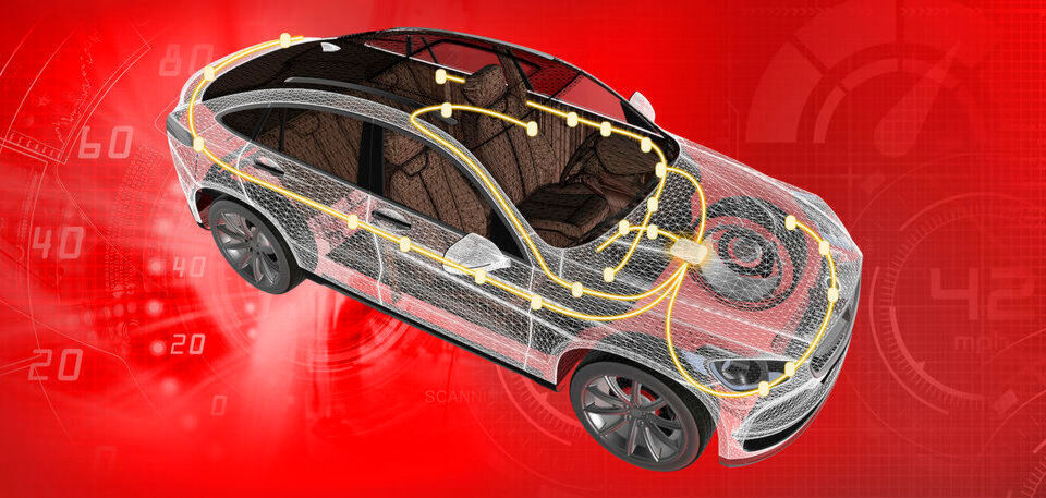Ein Überblick über die konzeptionelle Anordnung verschiedener, dem Bereich der Karosserieelektronik zuzuordnender Steuergeräte im Innern eines Autos. Ein Überblick über die konzeptionelle Anordnung verschiedener, dem Bereich der Karosserieelektronik zuzuordnender Steuergeräte im Innern eines Autos.