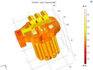 Temperatur der ECU und Rotorbaugruppe. Das Modell sagt die thermischen Eigenschaften des Systems im Einbauzustand im Fahrzeug voraus. Temperatur der ECU und Rotorbaugruppe. Das Modell sagt die thermischen Eigenschaften des Systems im Einbauzustand im Fahrzeug voraus.