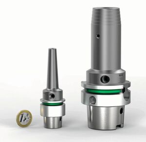 Dank der Additiven Fertigung kann etwa die Hydrodehnspanntechnik auch für Futter mit HSK-E25-Aufnahme und schlanker Kontur eingesetzt werden, wie die Mapal-Entwickler zeigen. Im Vergleich rechts davon ein Hydrodehnspannfutter mit HSK-A63-Aufnahme. Dieses Ergebnis öffnet viel Anwendungschancen für die Zerspanung im Miniformat. Dank der Additiven Fertigung kann etwa die Hydrodehnspanntechnik auch für Futter mit HSK-E25-Aufnahme und schlanker Kontur eingesetzt werden, wie die Mapal-Entwickler zeigen. Im Vergleich rechts davon ein Hydrodehnspannfutter mit HSK-A63-Aufnahme. Dieses Ergebnis öffnet viel Anwendungschancen für die Zerspanung im Miniformat.