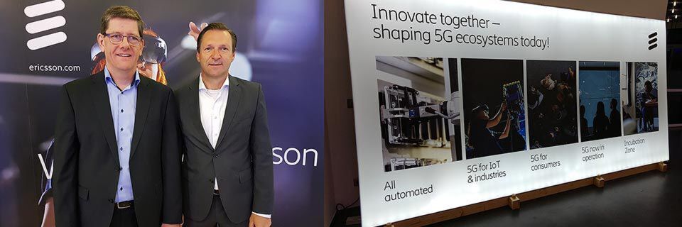 Eurolab-Leiter Jan-Peter Meyer-Kahlen (links) und Stefan Koetz (rechts), Vorsitzender der Geschäftsführung der Ericsson GmbH, bei der Eröffnung des Ericsson Innovation Day 2018. Eurolab-Leiter Jan-Peter Meyer-Kahlen (links) und Stefan Koetz (rechts), Vorsitzender der Geschäftsführung der Ericsson GmbH, bei der Eröffnung des Ericsson Innovation Day 2018.