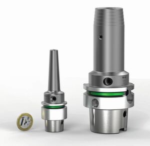 Dank der Additiven Fertigung kann etwa die Hydrodehnspanntechnik auch für Futter mit HSK-E25-Aufnahme und schlanker Kontur eingesetzt werden, wie die Mapal-Entwickler zeigen. Im Vergleich rechts davon ein Hydrodehnspannfutter mit HSK-A63-Aufnahme. Dieses Ergebnis öffnet viel Anwendungschancen für die Zerspanung im Miniformat. Dank der Additiven Fertigung kann etwa die Hydrodehnspanntechnik auch für Futter mit HSK-E25-Aufnahme und schlanker Kontur eingesetzt werden, wie die Mapal-Entwickler zeigen. Im Vergleich rechts davon ein Hydrodehnspannfutter mit HSK-A63-Aufnahme. Dieses Ergebnis öffnet viel Anwendungschancen für die Zerspanung im Miniformat.