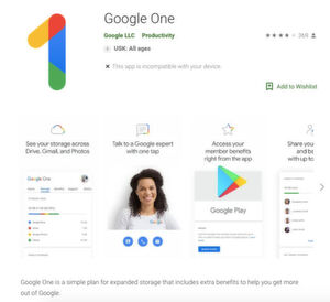 Erste Screenshots der bereits im Play Store gelisteten Google-One-App geben Hinweise auf den Funktionsumfang. Dieser umfasst neben der Speicherplatzverwaltung die Möglichkeit, das Kontingent unter Familienmitgliedern aufzuteilen, mit einem Support-Mitarbeiter von Google Kontakt aufzunehmen sowie Extras in Form von Vergünstigungen zu erlangen. Erste Screenshots der bereits im Play Store gelisteten Google-One-App geben Hinweise auf den Funktionsumfang. Dieser umfasst neben der Speicherplatzverwaltung die Möglichkeit, das Kontingent unter Familienmitgliedern aufzuteilen, mit einem Support-Mitarbeiter von Google Kontakt aufzunehmen sowie Extras in Form von Vergünstigungen zu erlangen.