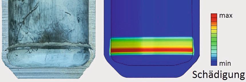Das neue Simulationsmodell vom Fraunhofer IWM soll die Schädigungsentwicklung in mehrerstufigen Prozessen präzise berechnen können. Auf dem Bild ist ein umlaufender Riss im fließgepressten Napf zu sehen: reales Teil (links) und Simulation (rechts). Das neue Simulationsmodell vom Fraunhofer IWM soll die Schädigungsentwicklung in mehrerstufigen Prozessen präzise berechnen können. Auf dem Bild ist ein umlaufender Riss im fließgepressten Napf zu sehen: reales Teil (links) und Simulation (rechts).