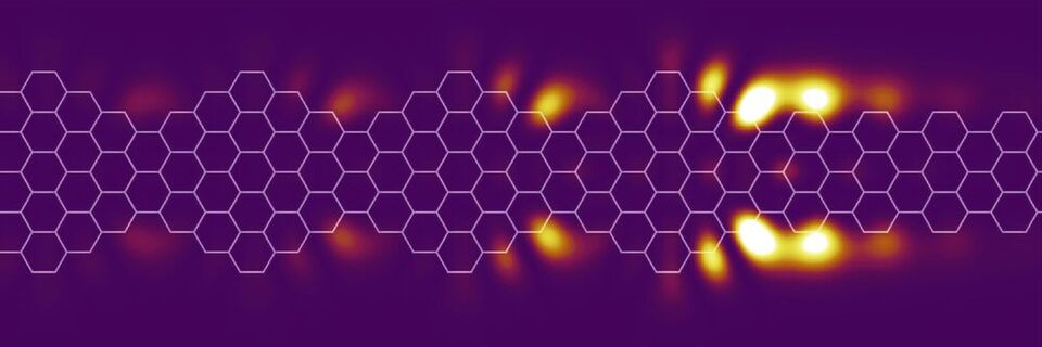 Simulation der Rastertunnelspektrosokpie: Theoretische Vorhersage wie die zu erwarteten Quantenzustände am Ende des Karosegmentes im Experiment aussehen sollten. Simulation der Rastertunnelspektrosokpie: Theoretische Vorhersage wie die zu erwarteten Quantenzustände am Ende des Karosegmentes im Experiment aussehen sollten.