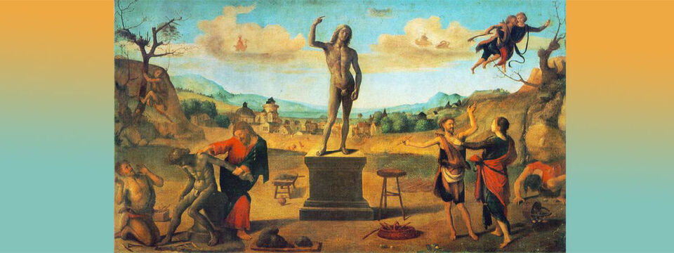 Prometheus als Schöpfer auf einem Truhenbild von Piero di Cosimo. In der Mitte auf dem Sockel die geformte Figur, links Epimetheus, rechts Prometheus. Alte Pinakothek, München Prometheus als Schöpfer auf einem Truhenbild von Piero di Cosimo. In der Mitte auf dem Sockel die geformte Figur, links Epimetheus, rechts Prometheus. Alte Pinakothek, München