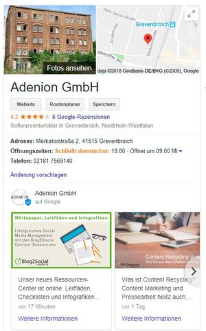 Google Beiträge werden prominent auf dem Google My Business-Eintrag im Knowledge Panel angezeigt. Google Beiträge werden prominent auf dem Google My Business-Eintrag im Knowledge Panel angezeigt.