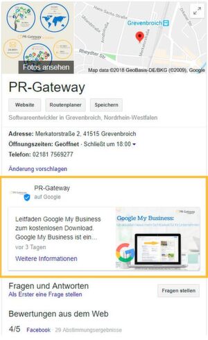Google Beiträge werden prominent auf Ihrem Google My Business-Eintrag im Knowledge Panel angezeigt. Google Beiträge werden prominent auf Ihrem Google My Business-Eintrag im Knowledge Panel angezeigt.