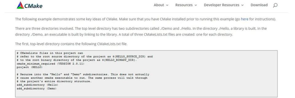 Auf der Webseite CMake.org finden sich nützliche Beispiele und Ressourcen für das Build-Management. Auf der Webseite CMake.org finden sich nützliche Beispiele und Ressourcen für das Build-Management.