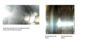 Frühe Stufen von Micropitting in einem Pendelrollenlager an der Hauptwelle einer Windkraftanlage Frühe Stufen von Micropitting in einem Pendelrollenlager an der Hauptwelle einer Windkraftanlage