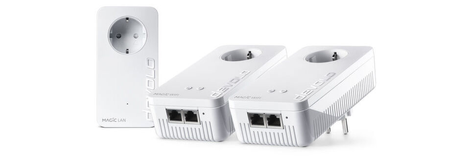 Devolo bietet die Magic-2-Geräte mit G.hn-Powerline und WLAN als Starter- mit zwei und als Multiroom-Kit mit drei Adaptern an. Devolo bietet die Magic-2-Geräte mit G.hn-Powerline und WLAN als Starter- mit zwei und als Multiroom-Kit mit drei Adaptern an.