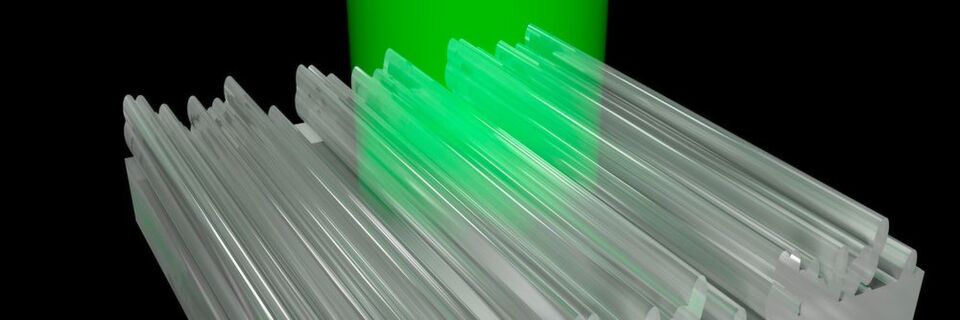 Licht trifft von unten auf die 3D-gedruckten Nanostrukturen. Bei der Reflexion sieht man nur noch grünes Licht, die restlichen Farben werden abgelenkt. Licht trifft von unten auf die 3D-gedruckten Nanostrukturen. Bei der Reflexion sieht man nur noch grünes Licht, die restlichen Farben werden abgelenkt.