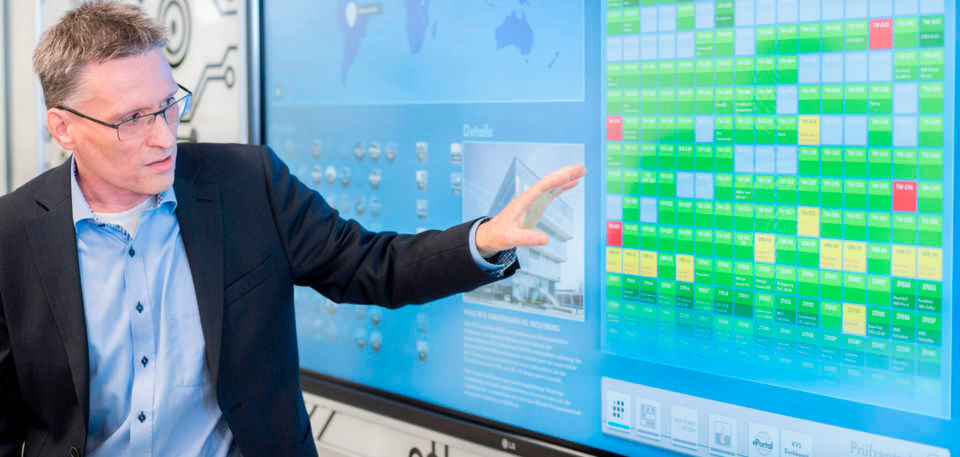 Dr. Peter Oel, Leiter E/E-Integration, Simulation und Test, vor der Übersicht aller Teststände. Dr. Peter Oel, Leiter E/E-Integration, Simulation und Test, vor der Übersicht aller Teststände.