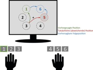 Die Testphase des Experiments: Die Probanden sollten in einer Sequenz jeweils bei einem aufleuchtenden Punkt auf dem Bildschirm die entsprechende nummerierte Taste drücken. Nach einer Schlafphase machten die Probanden deutlich mehr Fehler bei von der gelernten Sequenz abweichenden Reizen als Probanden, die zwischen der Lern- und Testphase wach geblieben waren. Die Testphase des Experiments: Die Probanden sollten in einer Sequenz jeweils bei einem aufleuchtenden Punkt auf dem Bildschirm die entsprechende nummerierte Taste drücken. Nach einer Schlafphase machten die Probanden deutlich mehr Fehler bei von der gelernten Sequenz abweichenden Reizen als Probanden, die zwischen der Lern- und Testphase wach geblieben waren.