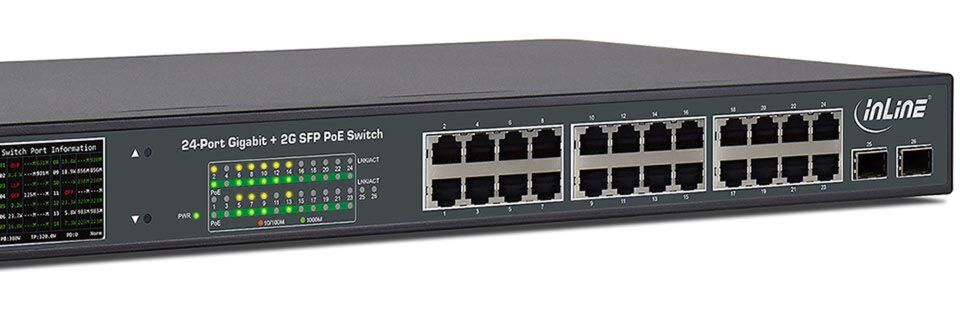 Der InLine PoE+ Gigabit Netzwerk Switch bietet 24 kupferbasierte Ports und zwei Glasfaseranschlüsse. Der InLine PoE+ Gigabit Netzwerk Switch bietet 24 kupferbasierte Ports und zwei Glasfaseranschlüsse.