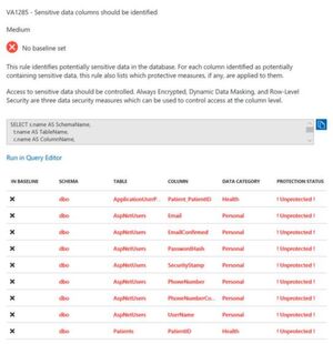 Vulnerability Assessment ermöglicht außerdem eine schnelle Problembehandlung. Durch Klicken auf „Sensitive data columns should be identified“ wird ein Fenster mit spezifischen Spalten geöffnet. Vulnerability Assessment ermöglicht außerdem eine schnelle Problembehandlung. Durch Klicken auf „Sensitive data columns should be identified“ wird ein Fenster mit spezifischen Spalten geöffnet.