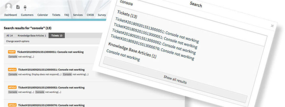 Eines der neuen Features, die der Hersteller in OTRS 7 eingefügt hat, ist die so genannte dynamische Suche: Tickets, Präsentationen und Wissenseinträge lassen sich finden ohne Wisssen, wo man suchen muss. Eines der neuen Features, die der Hersteller in OTRS 7 eingefügt hat, ist die so genannte dynamische Suche: Tickets, Präsentationen und Wissenseinträge lassen sich finden ohne Wisssen, wo man suchen muss.