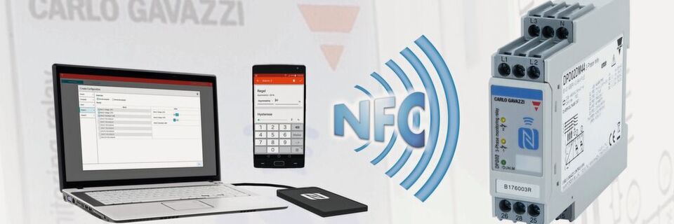 Über eine NFC-Schnittstelle kann das Überwachungsrelais DPD von Carlo Gavazzi per Smartphone, Tablet oder Laptop konfiguriert werden. Über eine NFC-Schnittstelle kann das Überwachungsrelais DPD von Carlo Gavazzi per Smartphone, Tablet oder Laptop konfiguriert werden.