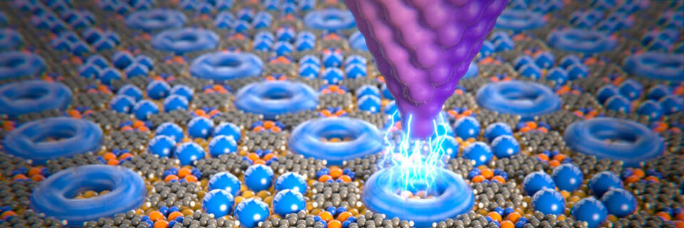 Graphische Animation eines möglichen Datenspeichers auf der atomaren Skala: Ein Datenspeicherelement – bestehend aus nur 6 Xenon-Atomen – wird durch einen Spannungspuls verflüssigt. Graphische Animation eines möglichen Datenspeichers auf der atomaren Skala: Ein Datenspeicherelement – bestehend aus nur 6 Xenon-Atomen – wird durch einen Spannungspuls verflüssigt.